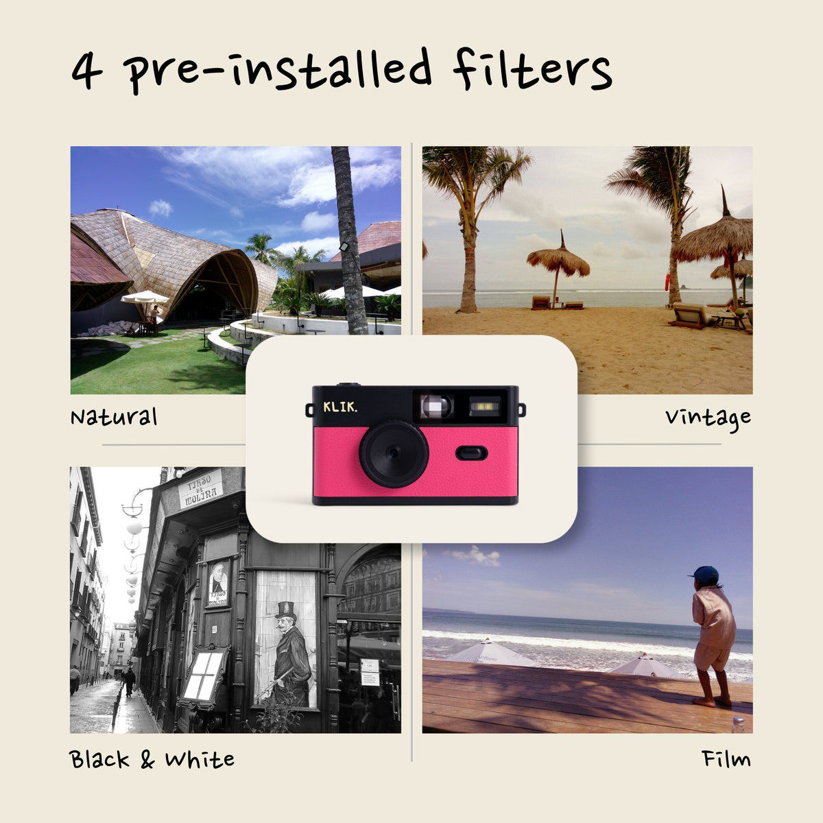 Pink KLIK camera four film filters