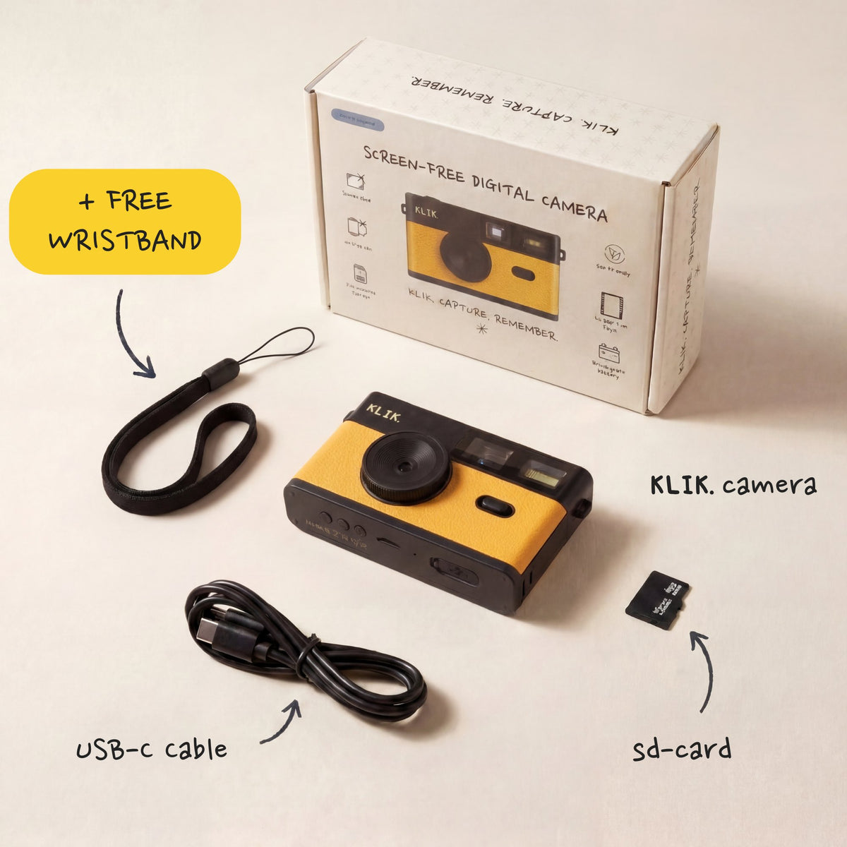 What is in the box Yellow KLIK camera